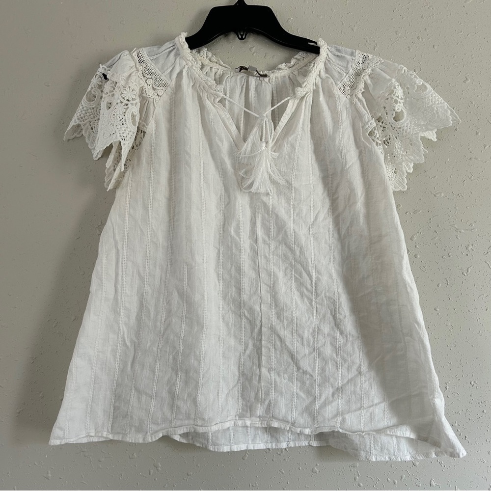 🦋 Hayden Los Angeles White Cream Ruffle Lace Eyelet Sleeve Blouse Boho Large